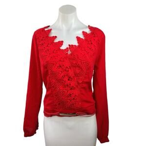 Soieblu Red Lace V Neck Gold Accent Smocked Long Sleeve Blouse Top Size L